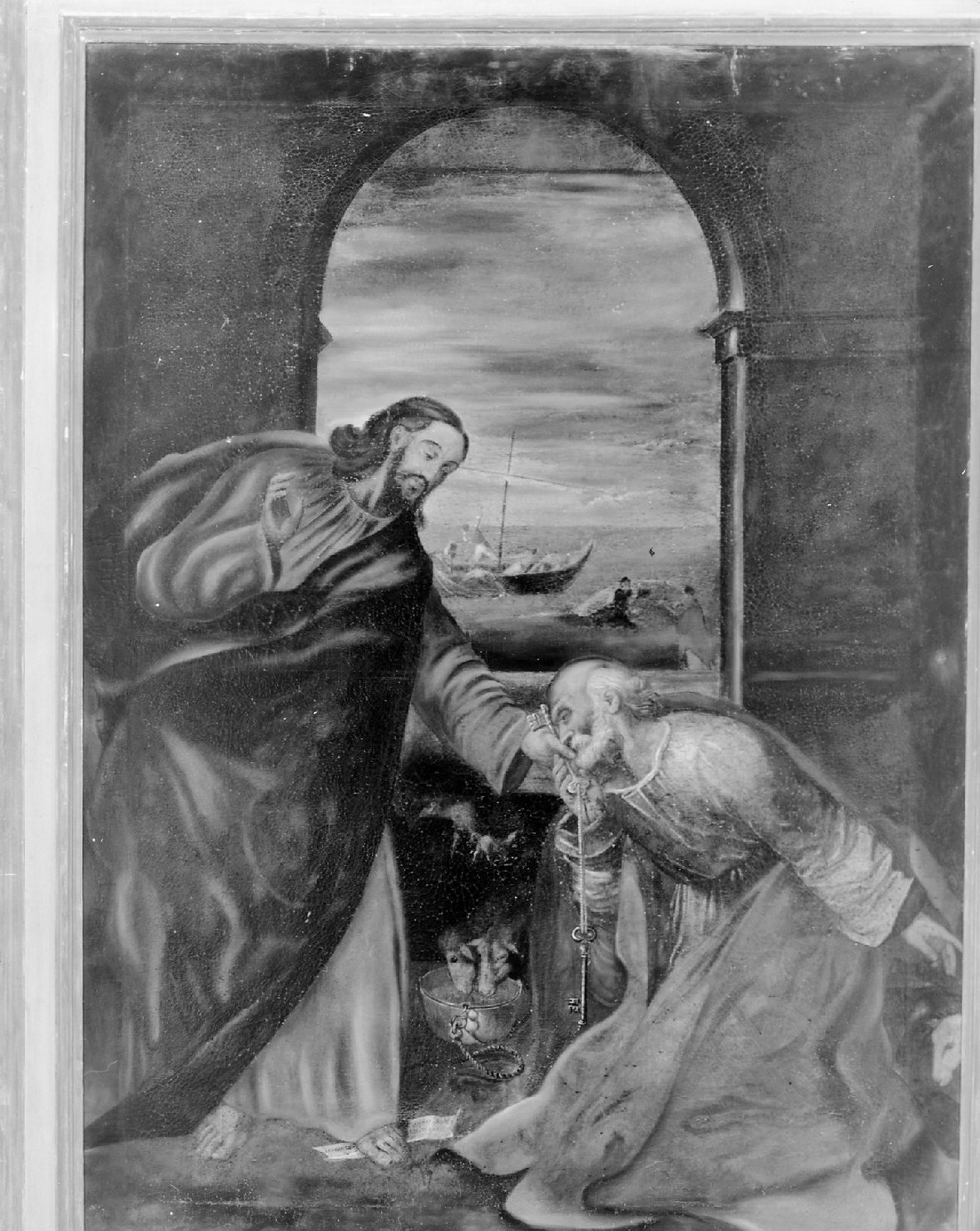 Cristo consegna le chiavi a San Pietro (dipinto) - ambito marchigiano (?) (sec. XVI)