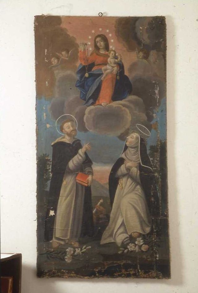 Madonna con Gesù Bambino che consegna il rosario a San Domenico e Santa Caterina (cortina d'altare) - ambito romagnolo (sec. XVIII)
