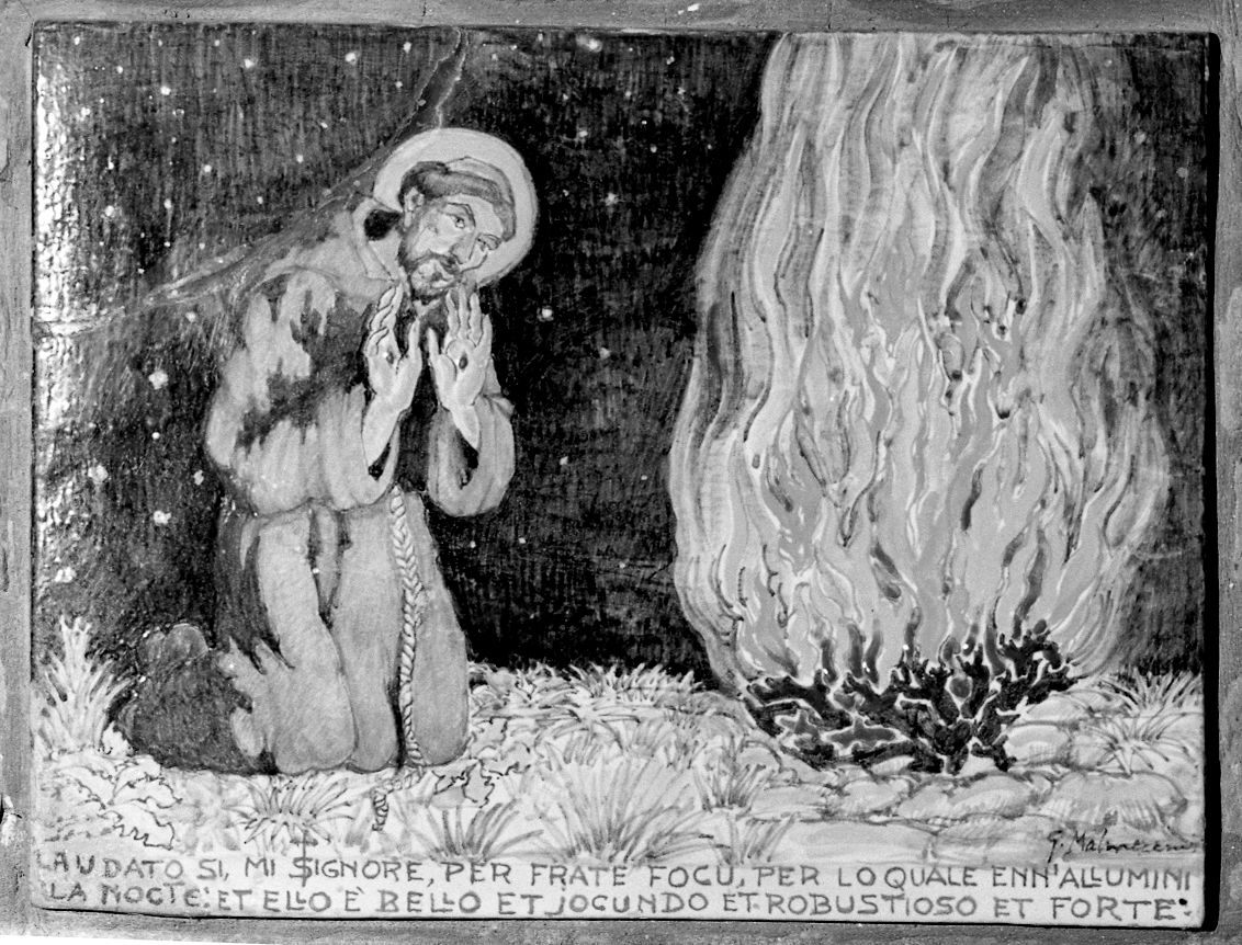 San Francesco in preghiera davanti a un fuoco (targa devozionale) di Malmerendi Giannetto (prima metà sec. XX)