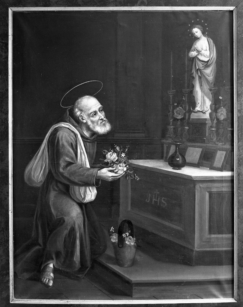 beato Crispino da Viterbo offre fiori alla Madonna (dipinto) - ambito romagnolo (sec. XIX)