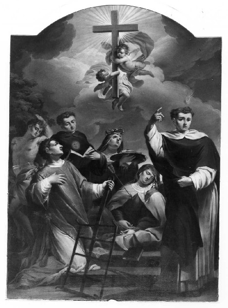 Gloria della Croce con San Sebastiano, San Nicolò da Tolentino, San Lorenzo, Santa Elisabetta di Ungheria, Santa Teresa D'Avila, San Vincenzo Ferreri (dipinto) - bottega romagnola (sec. XVIII)