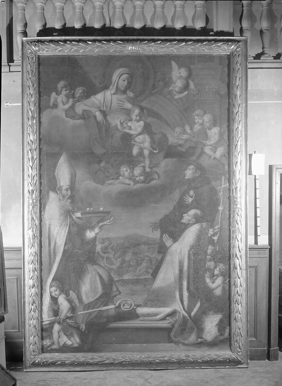 La Vergine appare a San Nicola di Tolentino, San Nicola di Bari e San Tommaso da Villanova (dipinto) di Pronti Cesare detto Baciocchi (sec. XVII)