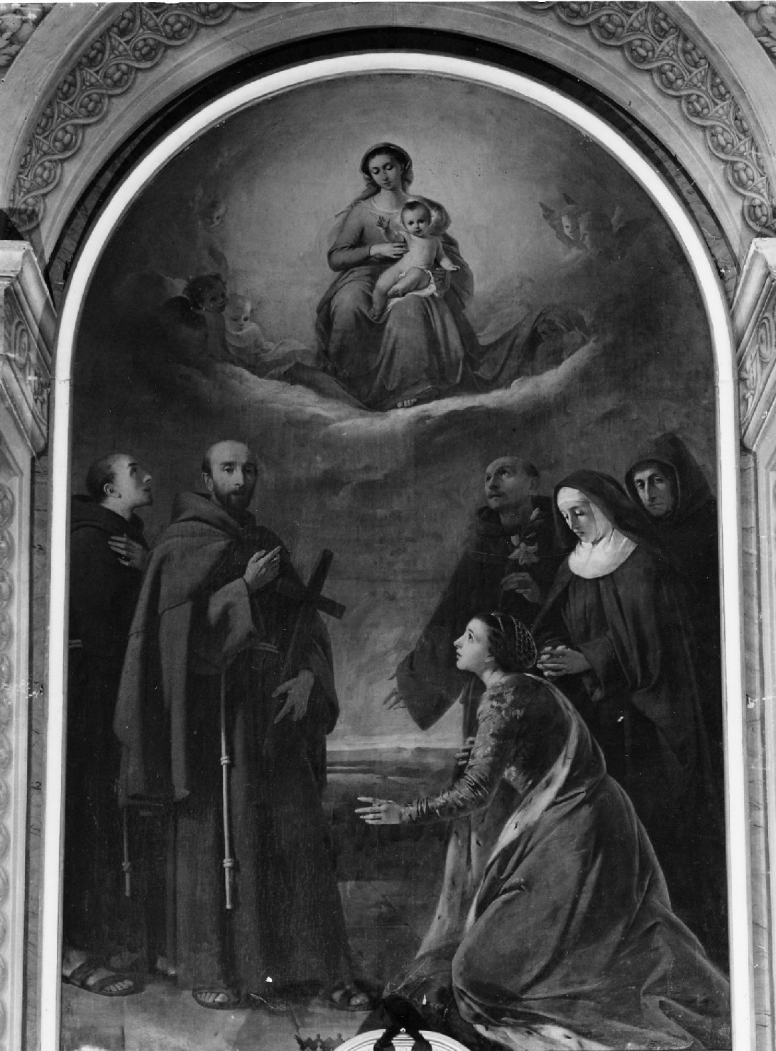 Madonna con bambino e cherubini adorati da i SS. Elisabetta d'Ungheria, Chiara, Pietro d'Alcantara, Pasquale Baylon, Leonardo da Porto Maurizio e Antonio da Padova (dipinto) di Zattera Giuseppe (sec. XIX)