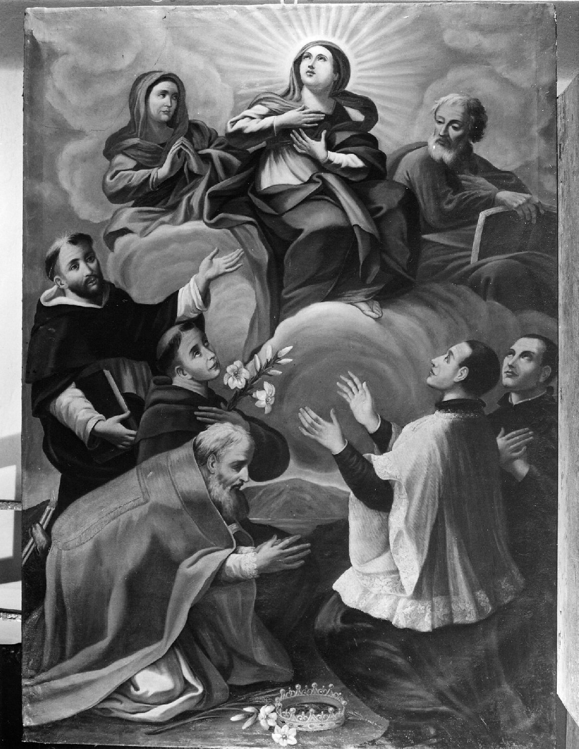 Madonna, sant'Anna e san Gioacchino adorati da i ss. Antonio da Padova, Domenico, Luigi Gonzaga, un santo vescovo e un padre gesuita (dipinto) - ambito romagnolo (ultimo quarto sec. XVIII)