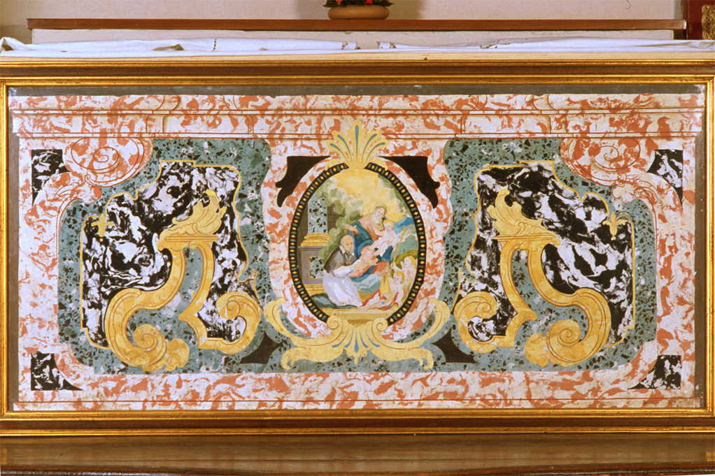 san Mauro vescovo in adorazione della Madonna con il Bambino (paliotto) - ambito toscano (sec. XVII)