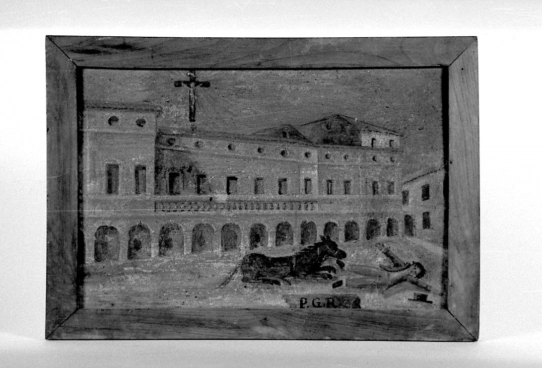 crocifisso appare a uomo caduta da cavallo; sullo sfondo palazzo Guidi (ex voto) - manifattura romagnola (prima metà sec. XIX)