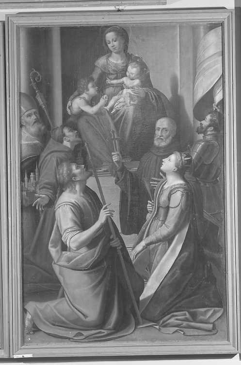 Madonna in trono col Bambino, San Giovannino e sei Santi, Madonna in trono con Bambino e Santi (dipinto) di Bertucci Michele (primo quarto sec. XVI)