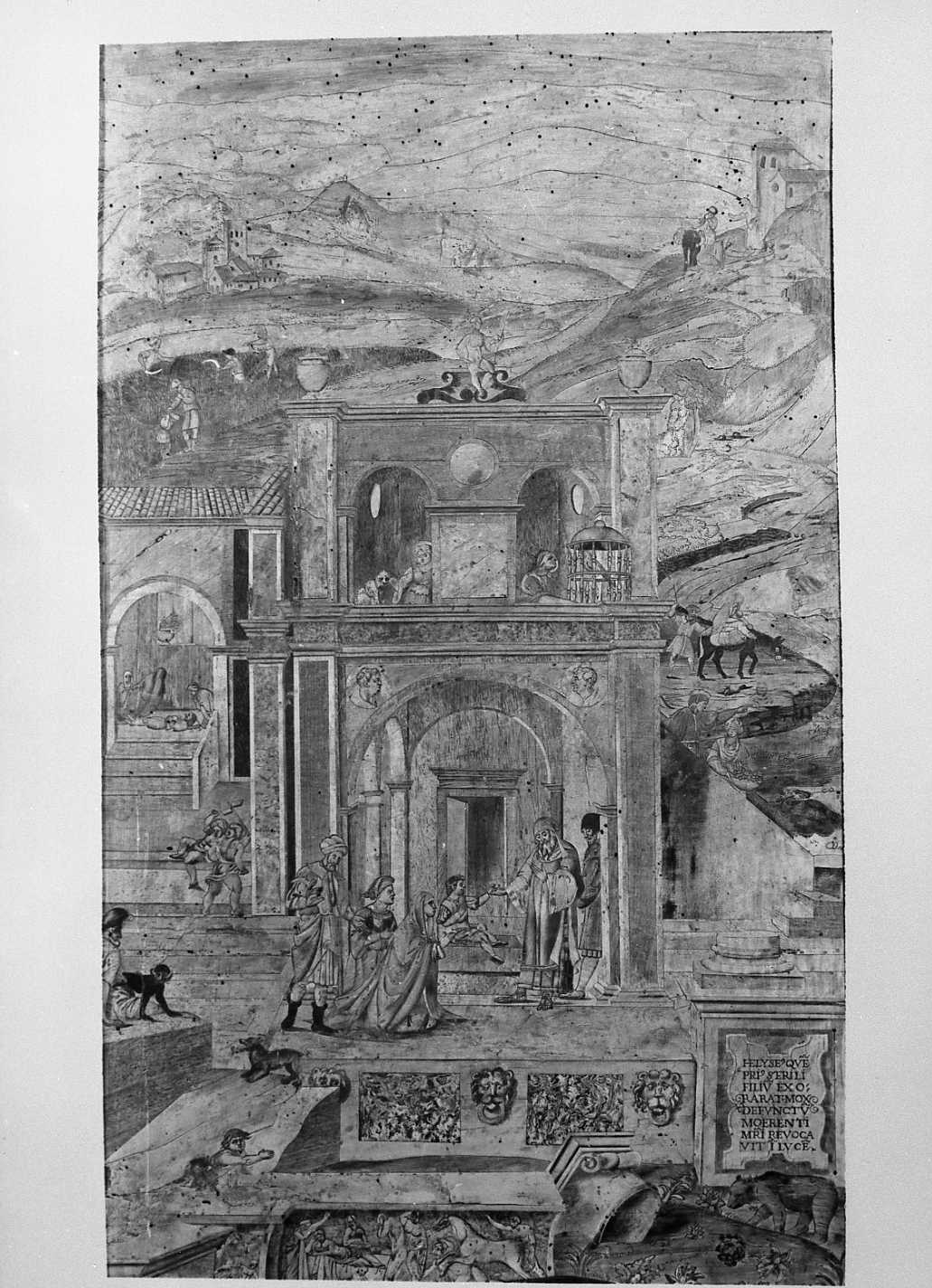 Eliseo resuscita un fanciullo (decorazione a intarsio, elemento d'insieme) di Zambelli Damiano detto Fra' Damiano da Bergamo (sec. XVI)