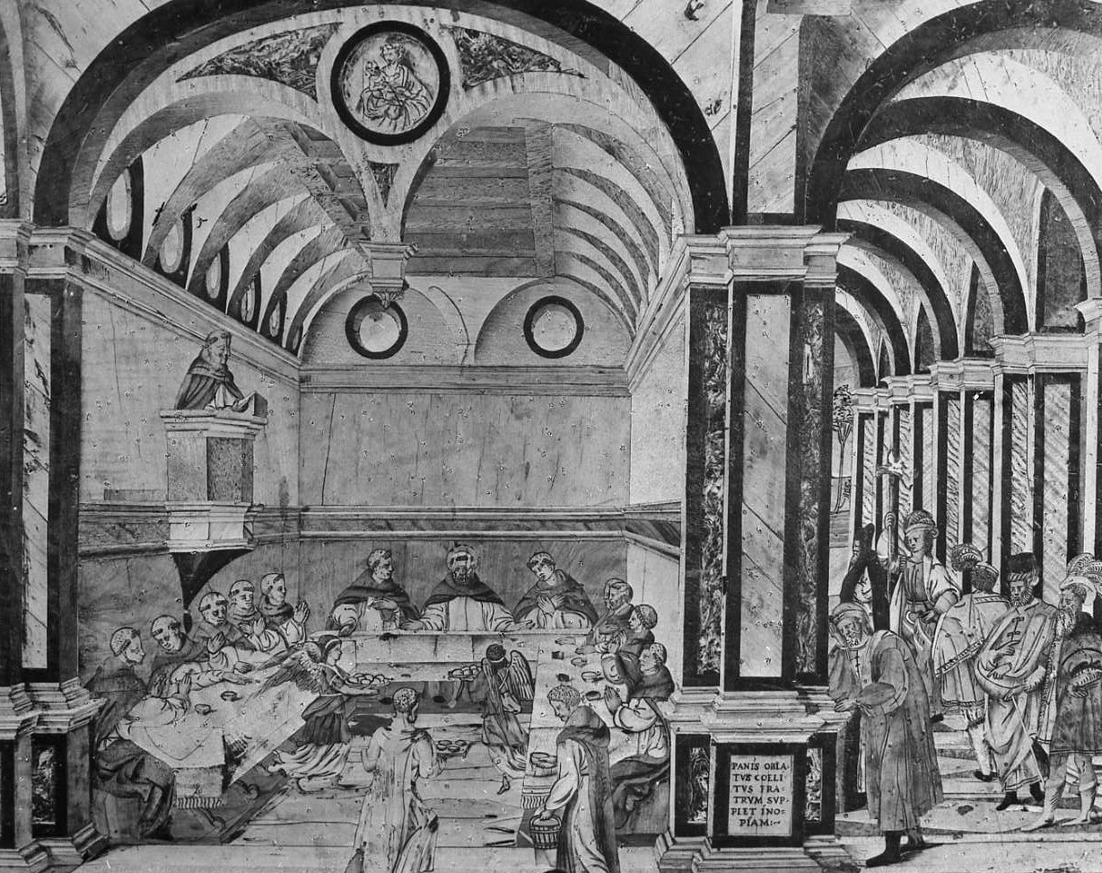 San Domenico e il miracolo dei pani (decorazione a intarsio, elemento d'insieme) di Zambelli Damiano detto Fra' Damiano da Bergamo (sec. XVI)