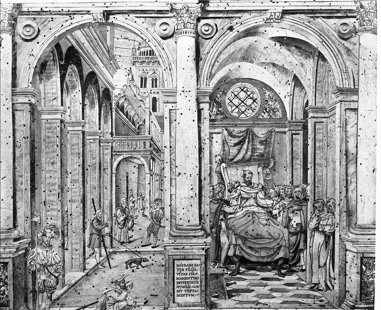 Testamento e transito di San Domenico (decorazione a intarsio, elemento d'insieme) di Zambelli Damiano detto Fra' Damiano da Bergamo (sec. XVI)