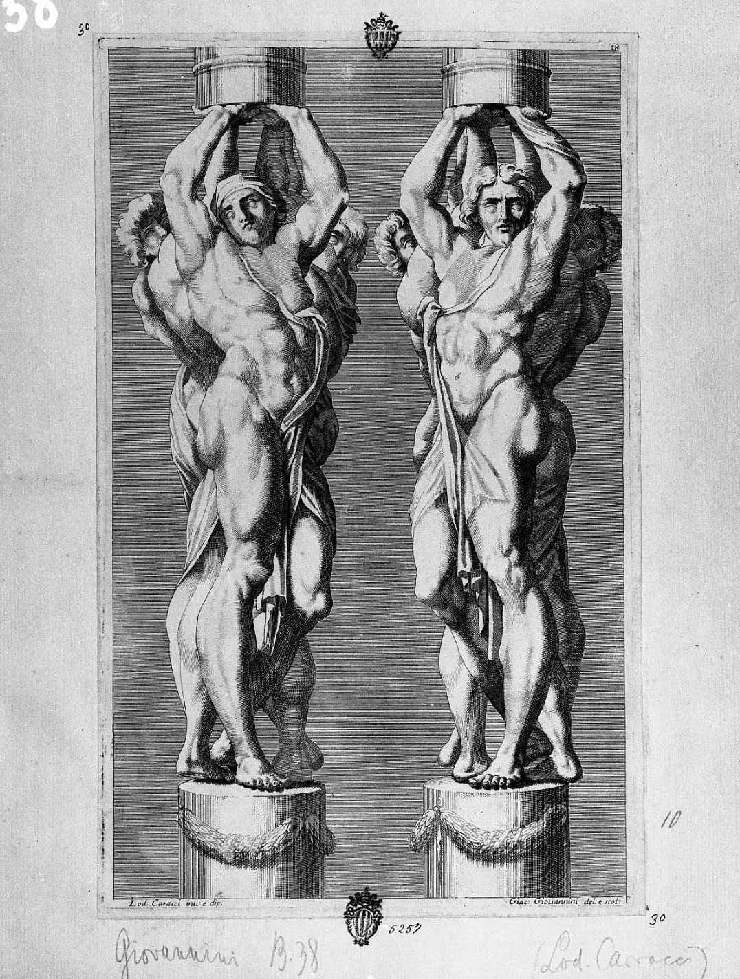 due coppie di tre giganti ciascuno (stampa smarginata) di Carracci Ludovico, Giovannini Giacomo (fine/inizio secc. XVII/ XVIII)