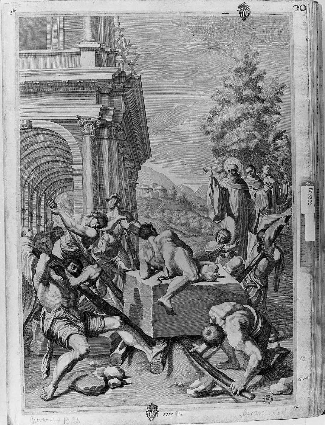 san Benedetto e il demonio sopra il macigno (stampa) di Carracci Ludovico, Giovannini Giacomo (fine/inizio secc. XVII/ XVIII)