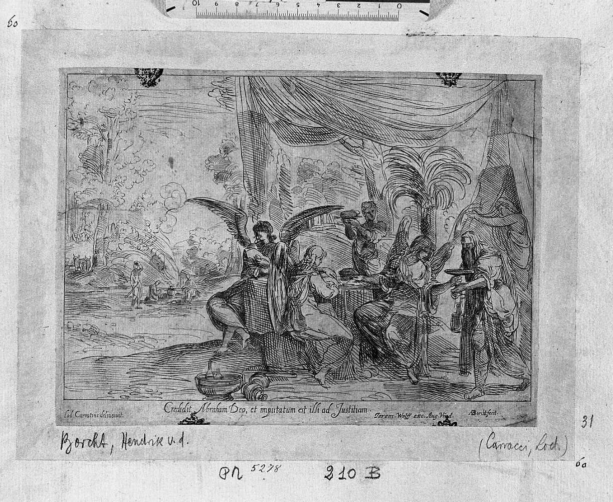 Abramo si prostra davanti agli angeli (stampa) di Van der Borcht Hendrick, Carracci Ludovico (prima metà sec. XVII)