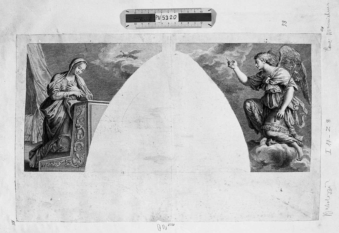 L'Annunciazione (stampa tagliata) di Zampieri Domenico detto Domenichino - ambito emiliano (seconda metà sec. XVIII)