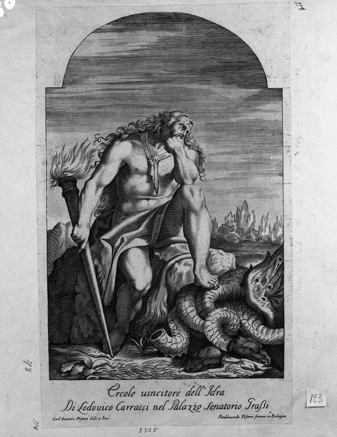 Ercole vincitore dell'Idra (stampa tagliata) di Carracci Ludovico, Pisarri Carlo Antonio (prima metà sec. XVIII)
