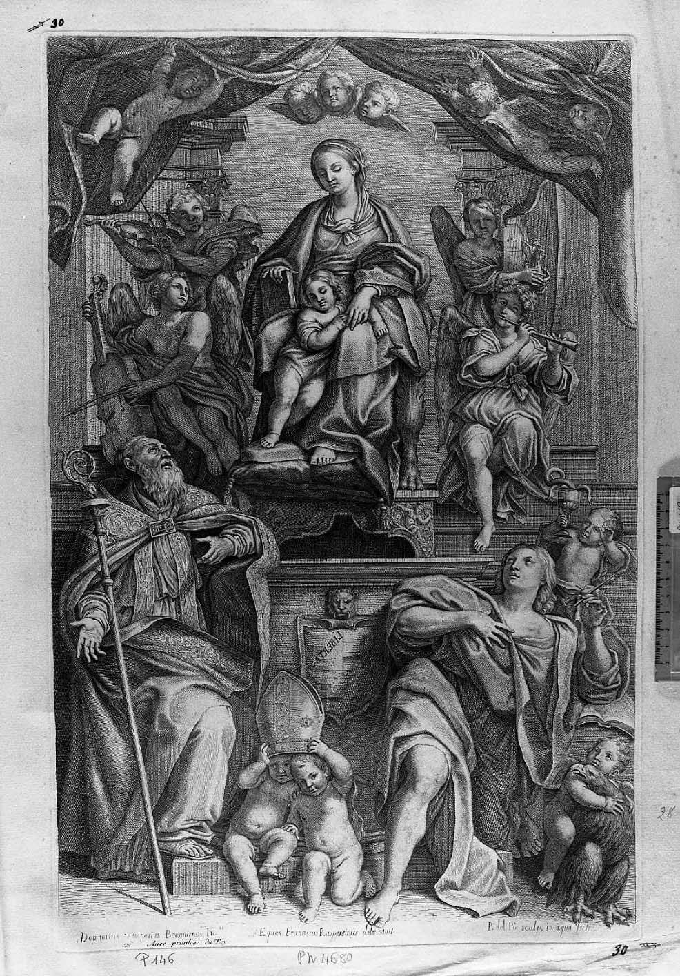 La Vergine in trono con Bambino fra angeli e santi (stampa) di Del Po Pietro, Zampieri Domenico detto Domenichino (seconda metà sec. XVII)