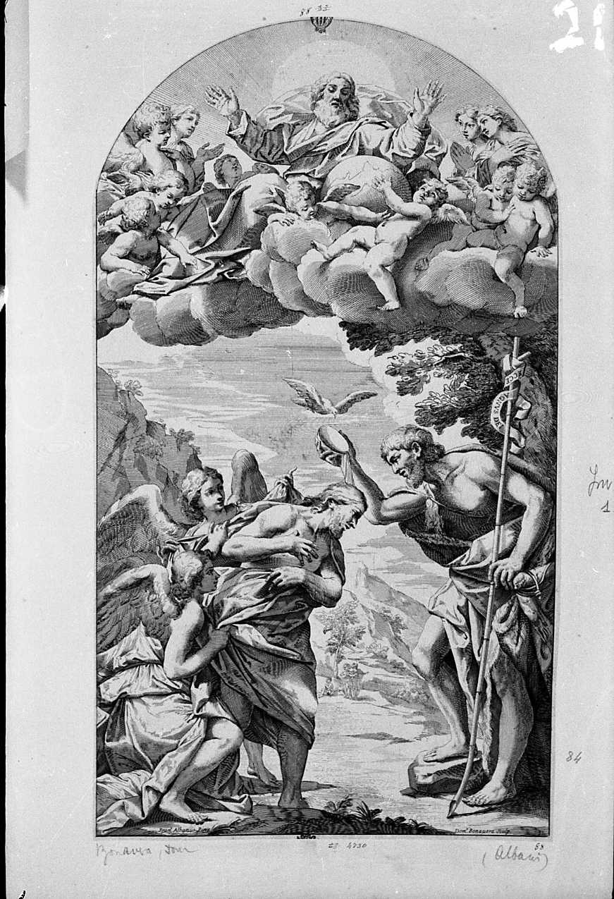 Il battesimo di Gesù (stampa tagliata) di Albani Francesco, Giovannini Giacomo, Bonaveri Domenico Maria (sec. XVII)