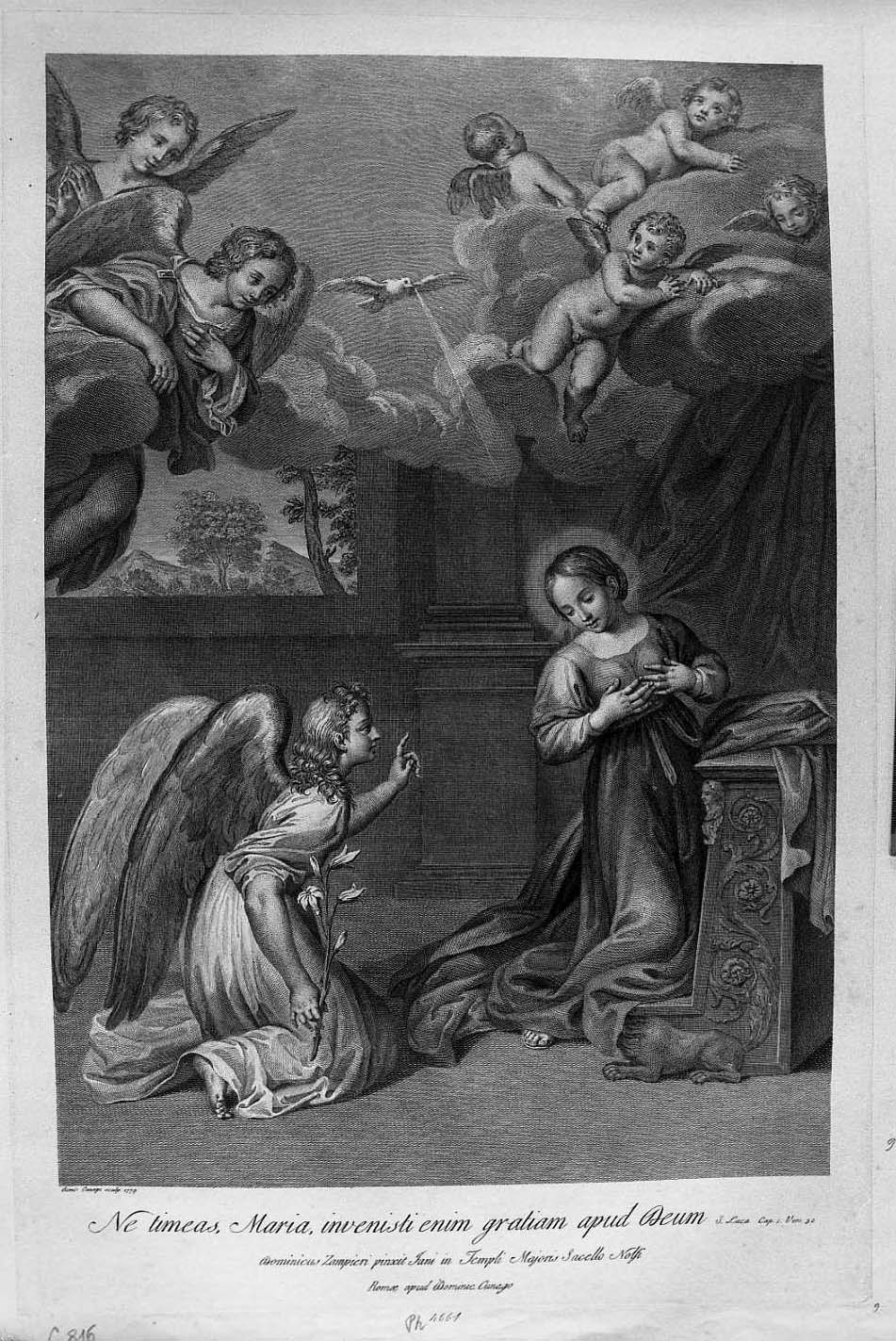 L' annunciazione (stampa) di Zampieri Domenico detto Domenichino, Cunego Domenico (sec. XVIII)