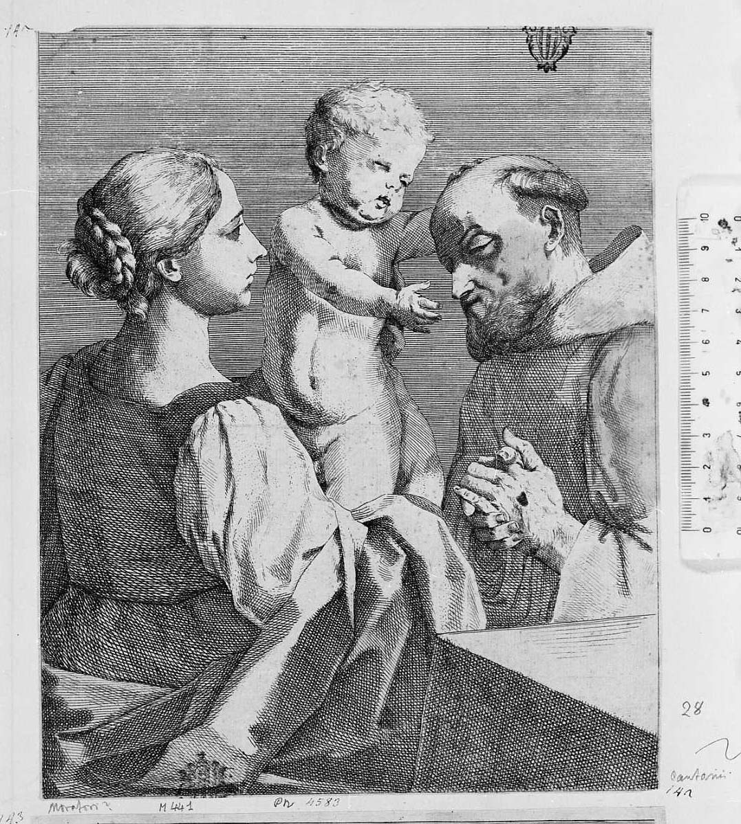 Vergine con Bambino e san Francesco (stampa smarginata) di Cantarini Simone detto Pesarese, Muratori Domenico Maria (secc. XVII/ XVIII)