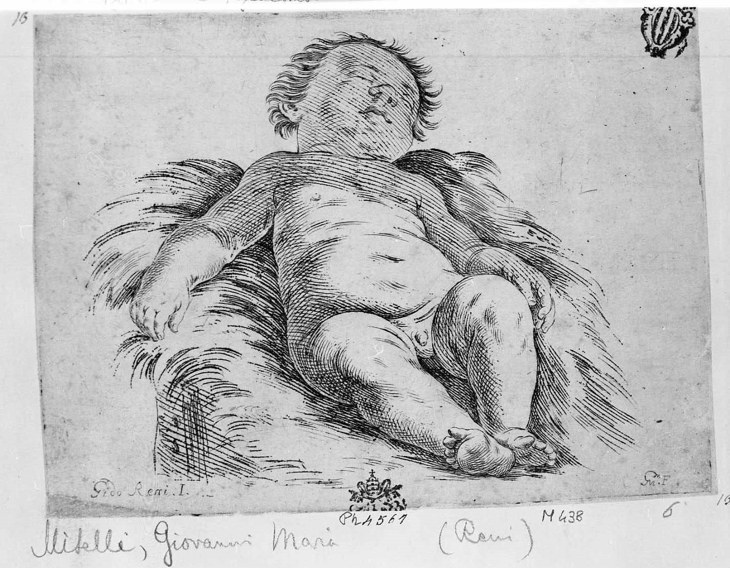 Bambino che dorme (stampa tagliata) di Reni Guido, Mitelli Giuseppe Maria (secc. XVII/ XVIII)