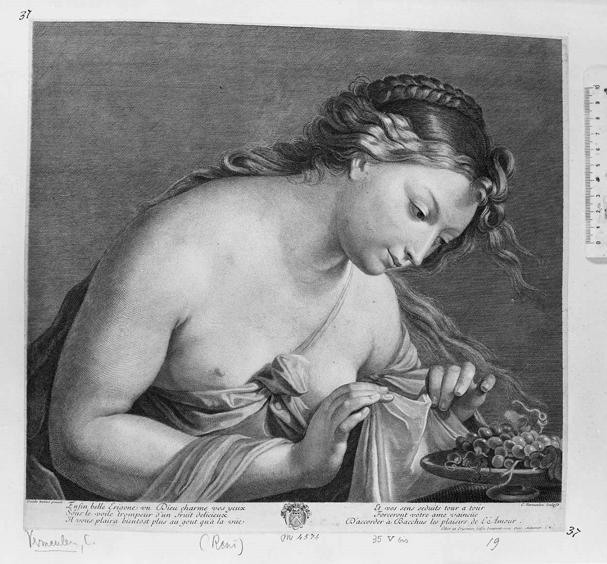 Erigone e Bacco (stampa tagliata) di Reni Guido, Vermeulen Cornelis (secc. XVII/ XVIII)