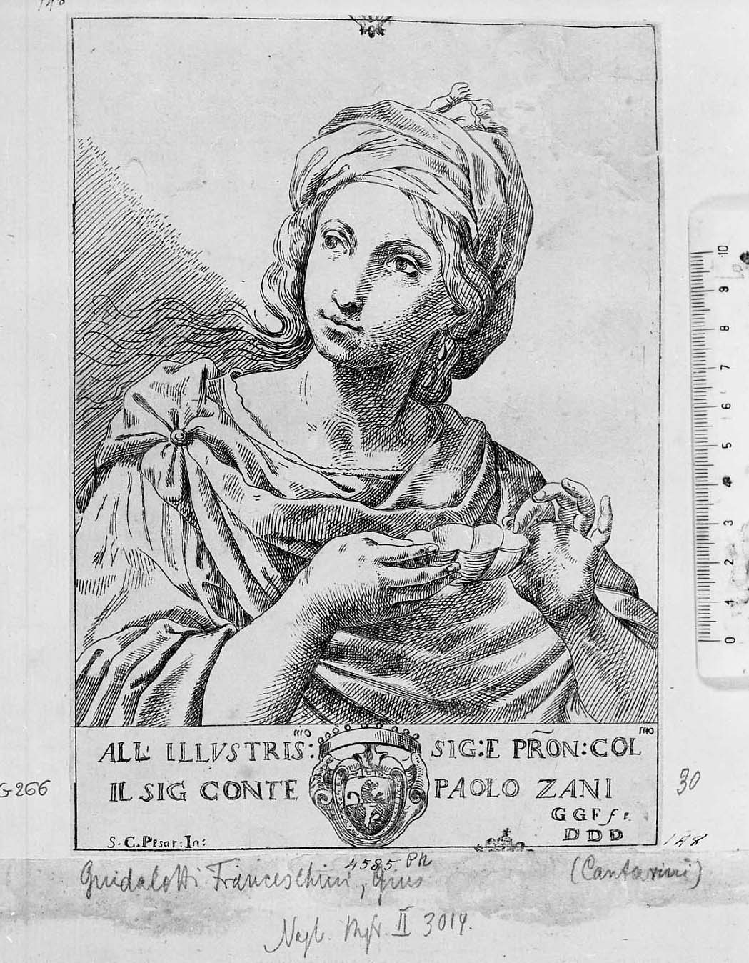 Donna con tazza in mano (stampa tagliata) di Cantarini Simone detto Pesarese - ambito europeo (sec. XVIII)