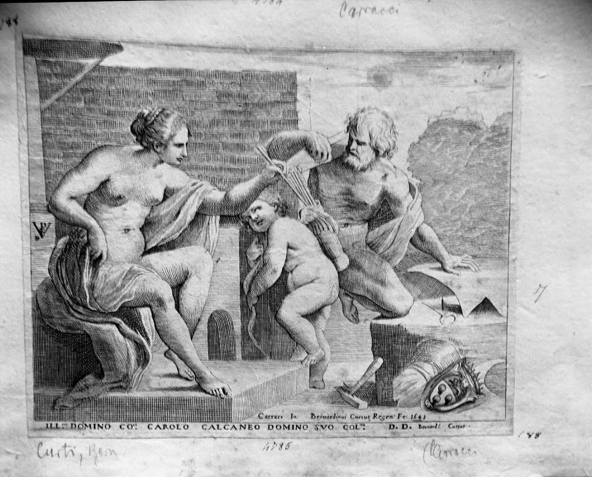 Venere e Vulcano vezzeggiano Cupido (stampa) di Curti Bernardino, Carracci Agostino (sec. XVII)