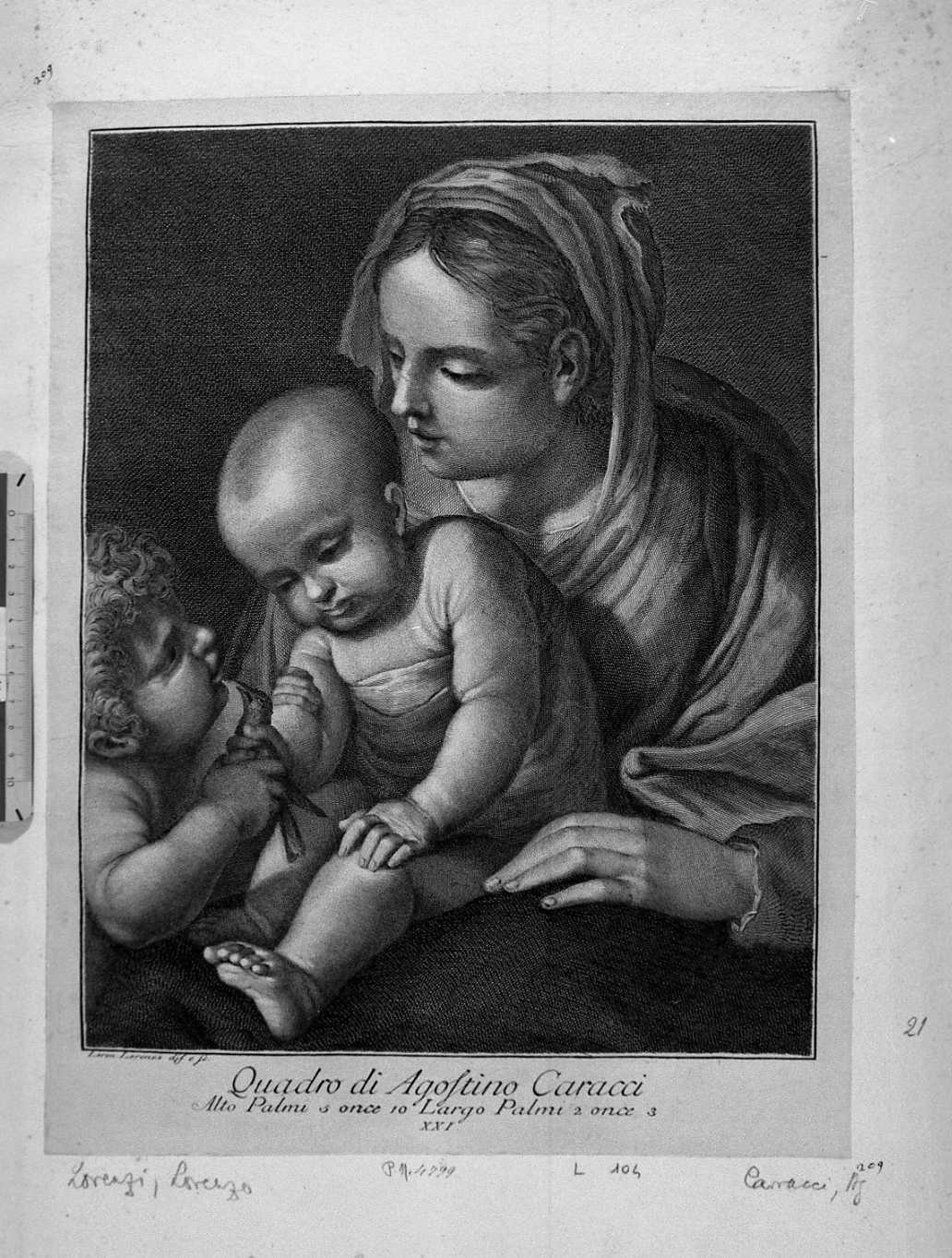 Madonna con Bambino e san Giovannino (stampa) di Carracci Agostino, Lorenzi Lorenzo (sec. XVIII)