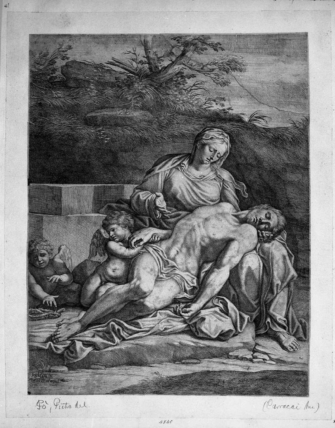 Pietà (stampa smarginata) di Del Po Pietro, Carracci Annibale (sec. XVII)