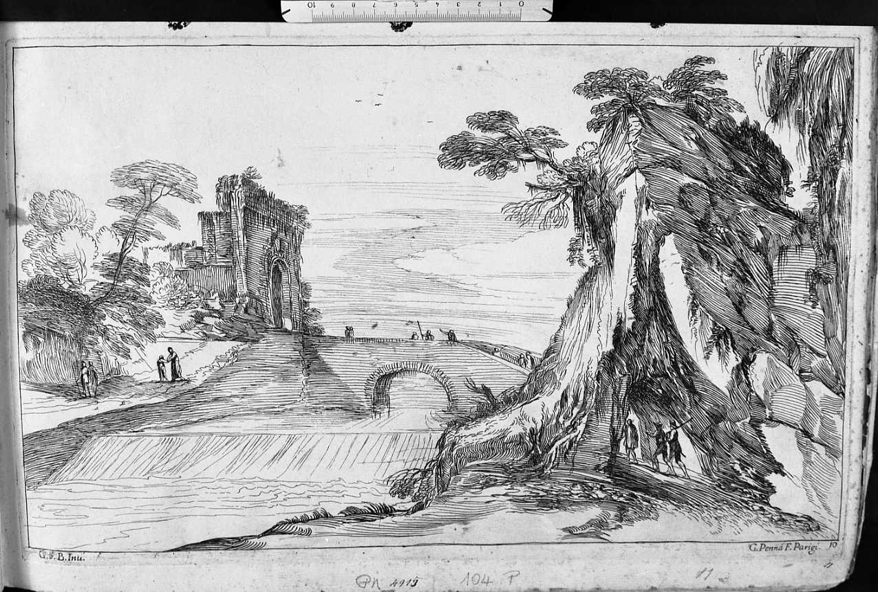 paesaggio con ponte (stampa) di Pesne Jean, Barbieri Giovanni Francesco detto Guercino (sec. XVII)