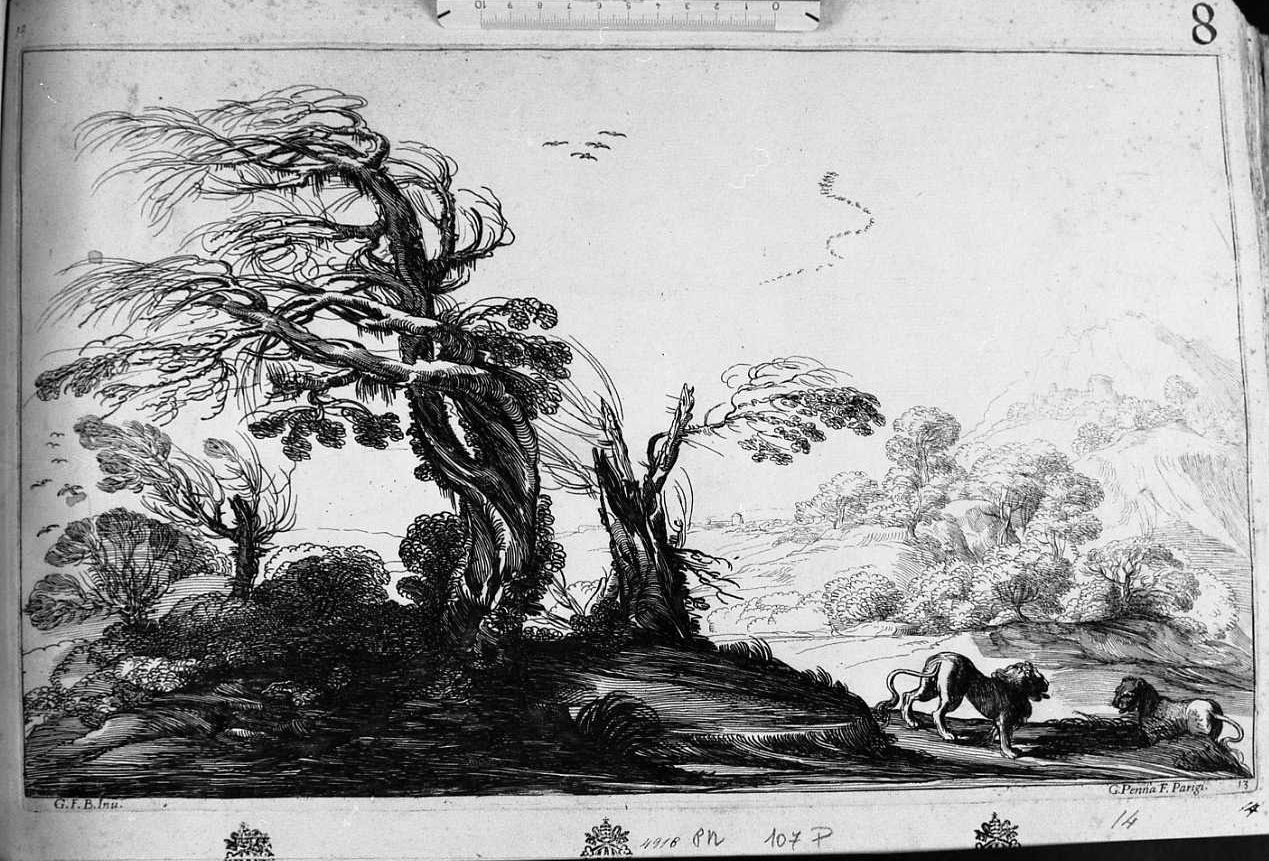 paesaggio con leoni (stampa) di Pesne Jean, Barbieri Giovanni Francesco detto Guercino (sec. XVII)