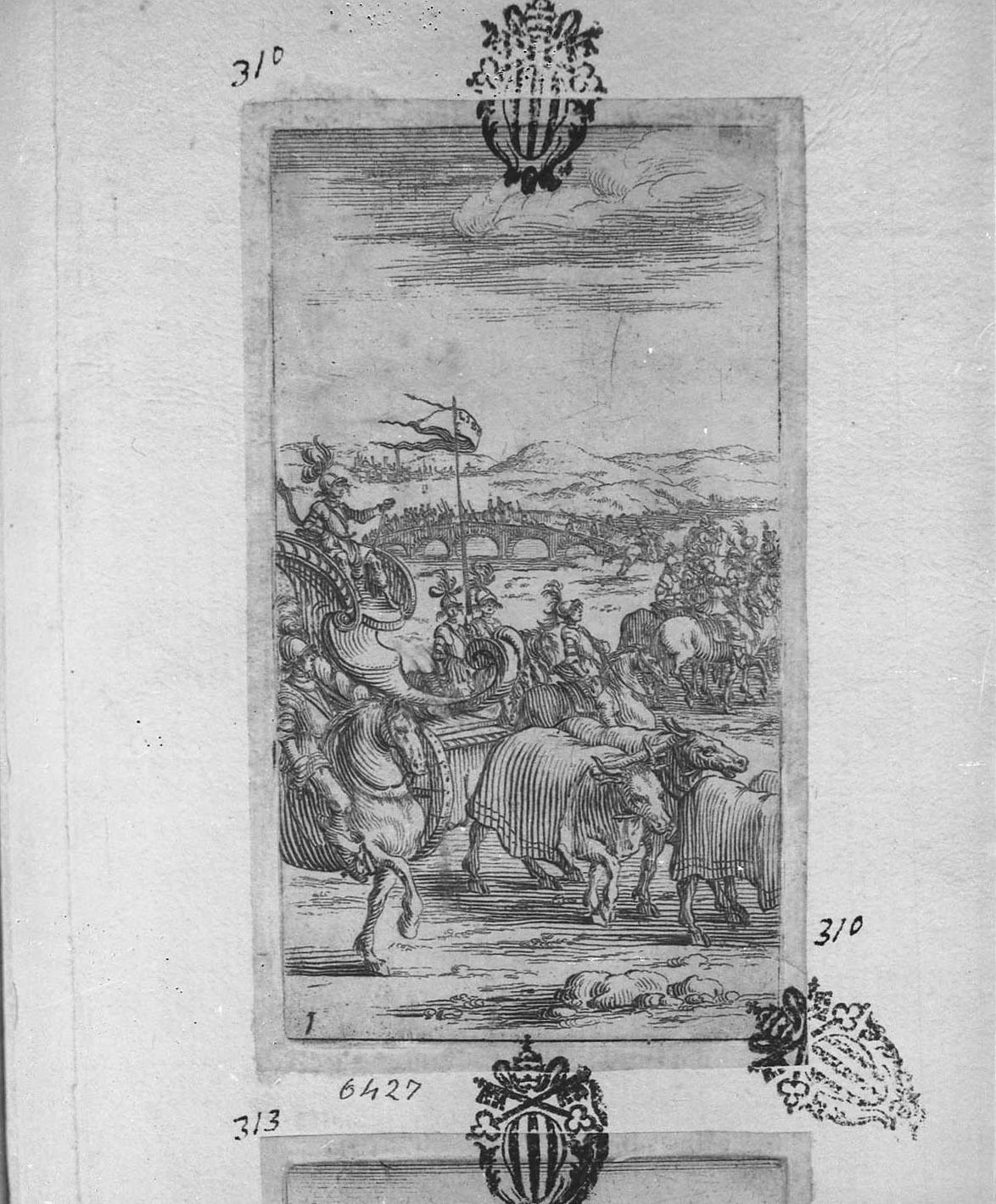 Il comandante dei bolognesi sul carroccio ispeziona le sue truppe, figure (stampa tagliata) di Bazzicaluva Ercole (sec. XVII)