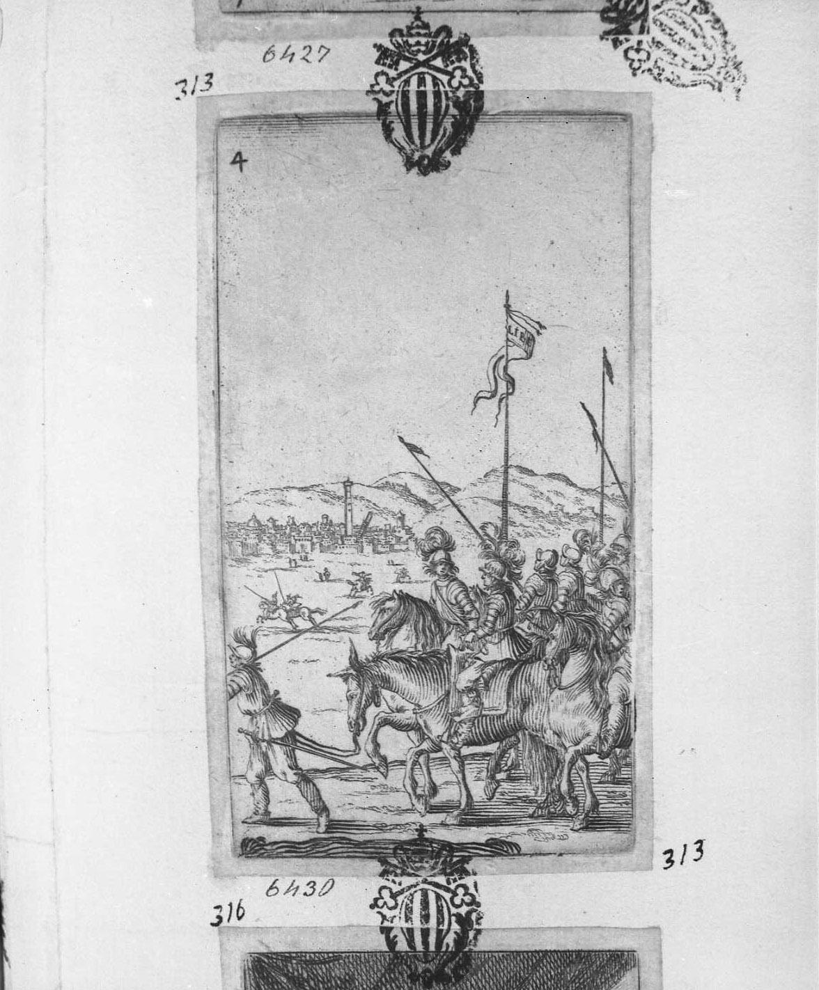 Re Enzo su di un mulo è condotto a Bologna, figure (stampa tagliata) di Bazzicaluva Ercole (sec. XVII)