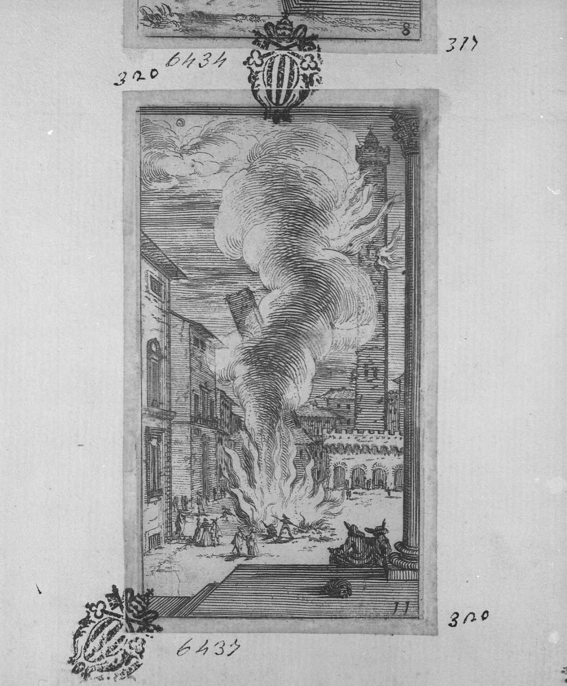 I bolognesi festeggiano la pace con un fuoco che incendia la torre degli Asinelli, figure (stampa tagliata) di Bazzicaluva Ercole (sec. XVII)