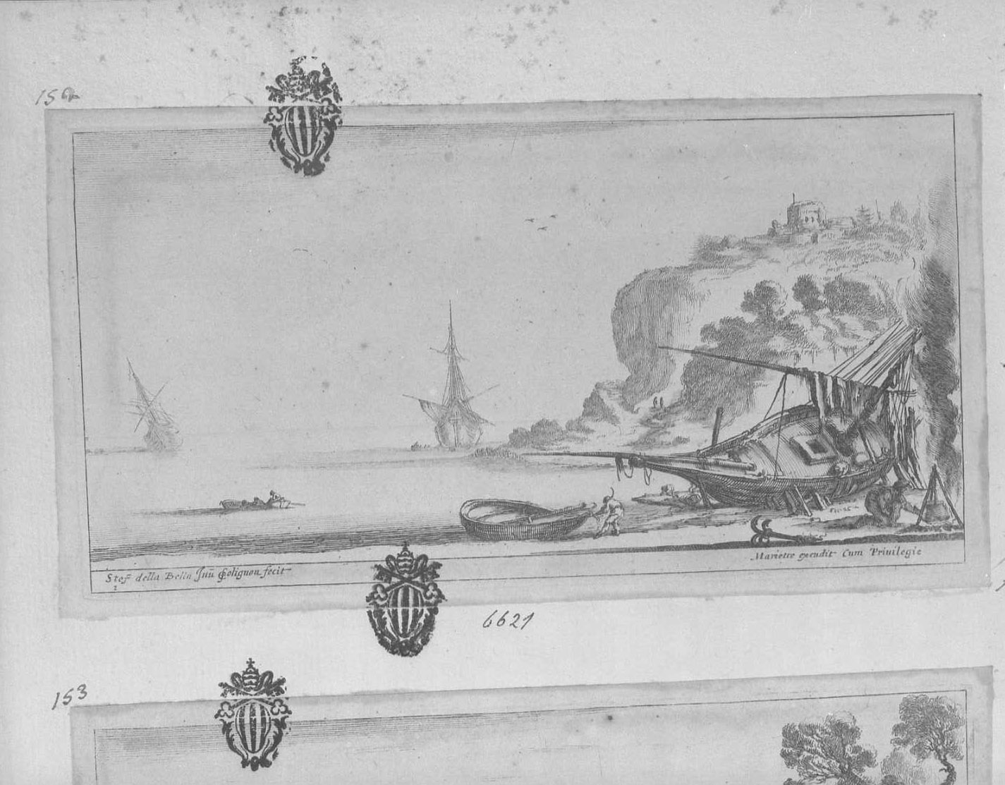 Seconda serie di paesaggi: marina con barche sul mare, paesaggi (stampa tagliata) di Collignon Francois (sec. XVII)