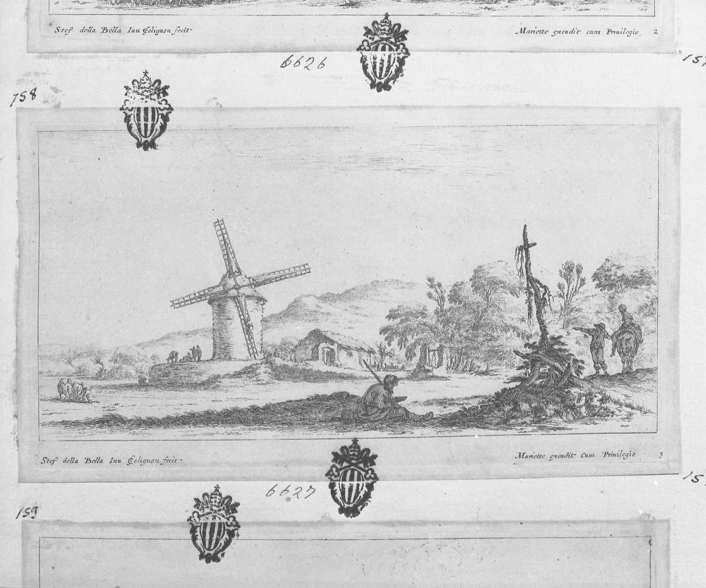 Prima serie grandi paesaggi: mulino a vento senza vele, paesaggi (stampa tagliata) di Collignon Francois (sec. XVII)