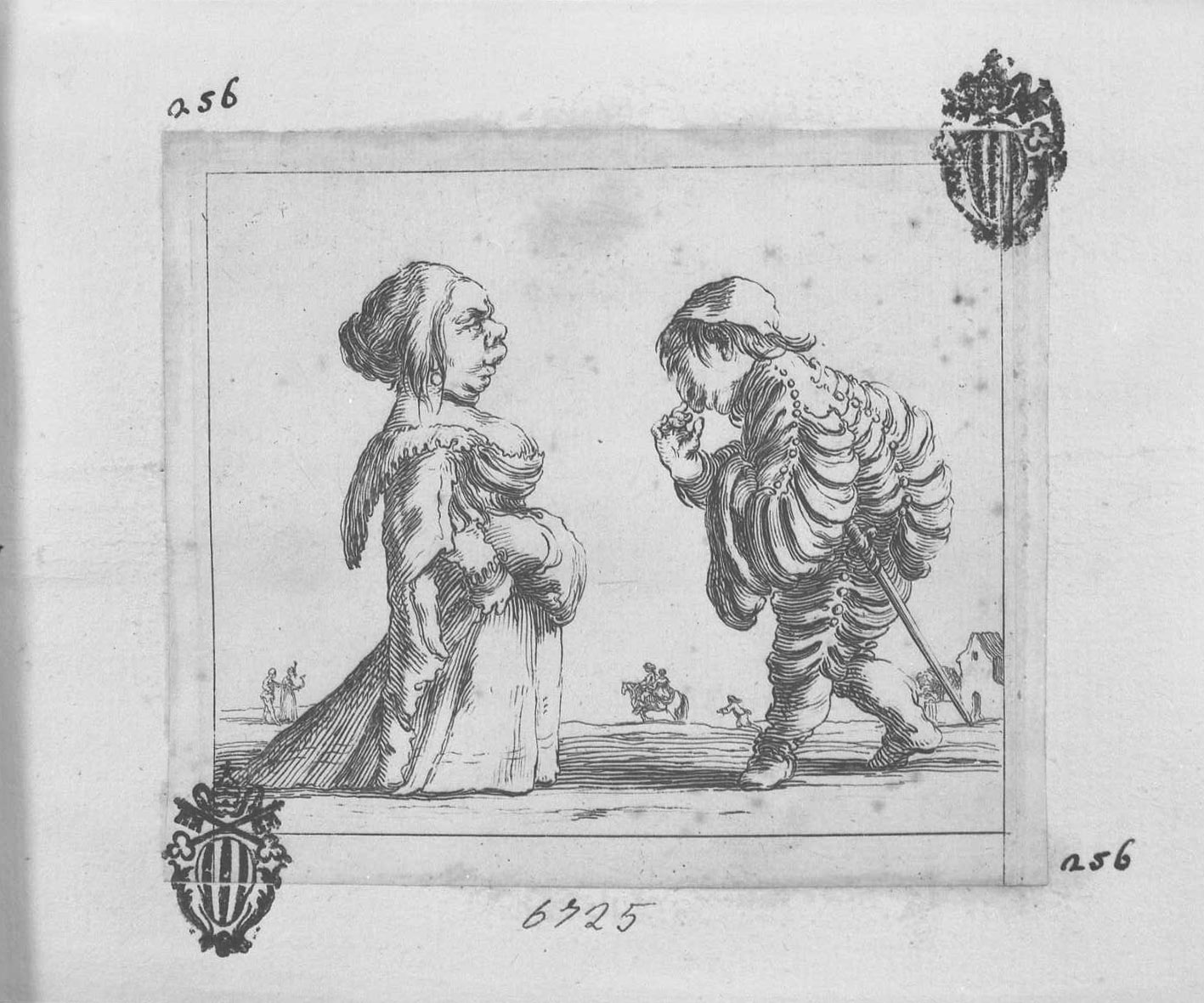 inventions d'amour et de guera: nano che si dichiara ad una vecchia, figure (stampa tagliata) di Collignon Francois (sec. XVII)