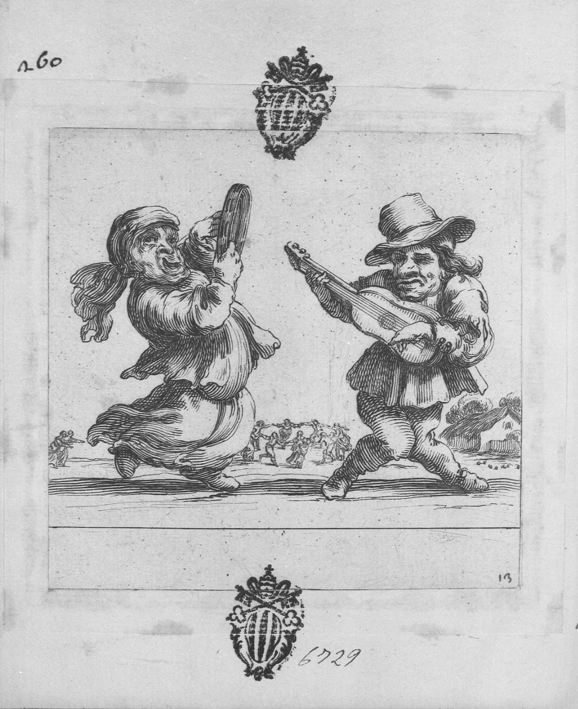 inventions d'amour et de guera: vecchio nano con chitarra e nana che danza, figure (stampa tagliata) di Collignon Francois (sec. XVII)