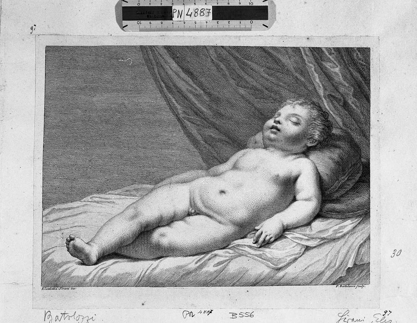 Il Bambino Gesù dormiente (stampa tagliata) di Sirani Elisabetta, Bartolozzi Francesco (secc. XVIII/ XIX)