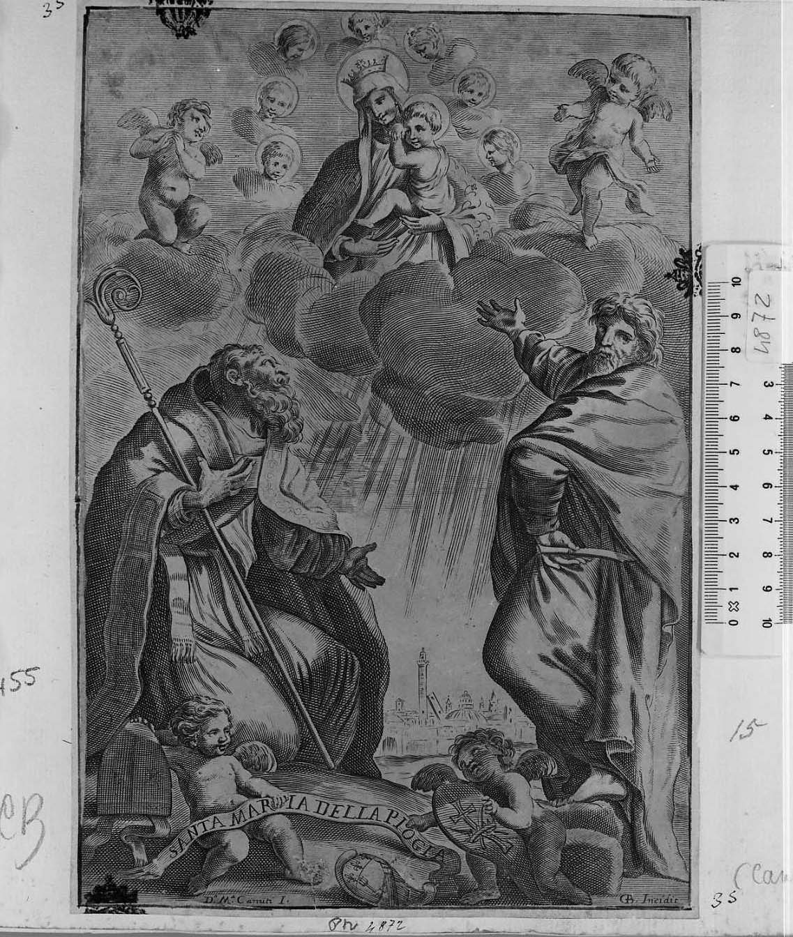La Madonna in trono e due santi: Madonna della Pioggia (stampa tagliata) di Curti Bernardino, Canuti Domenico Maria (sec. XVII)