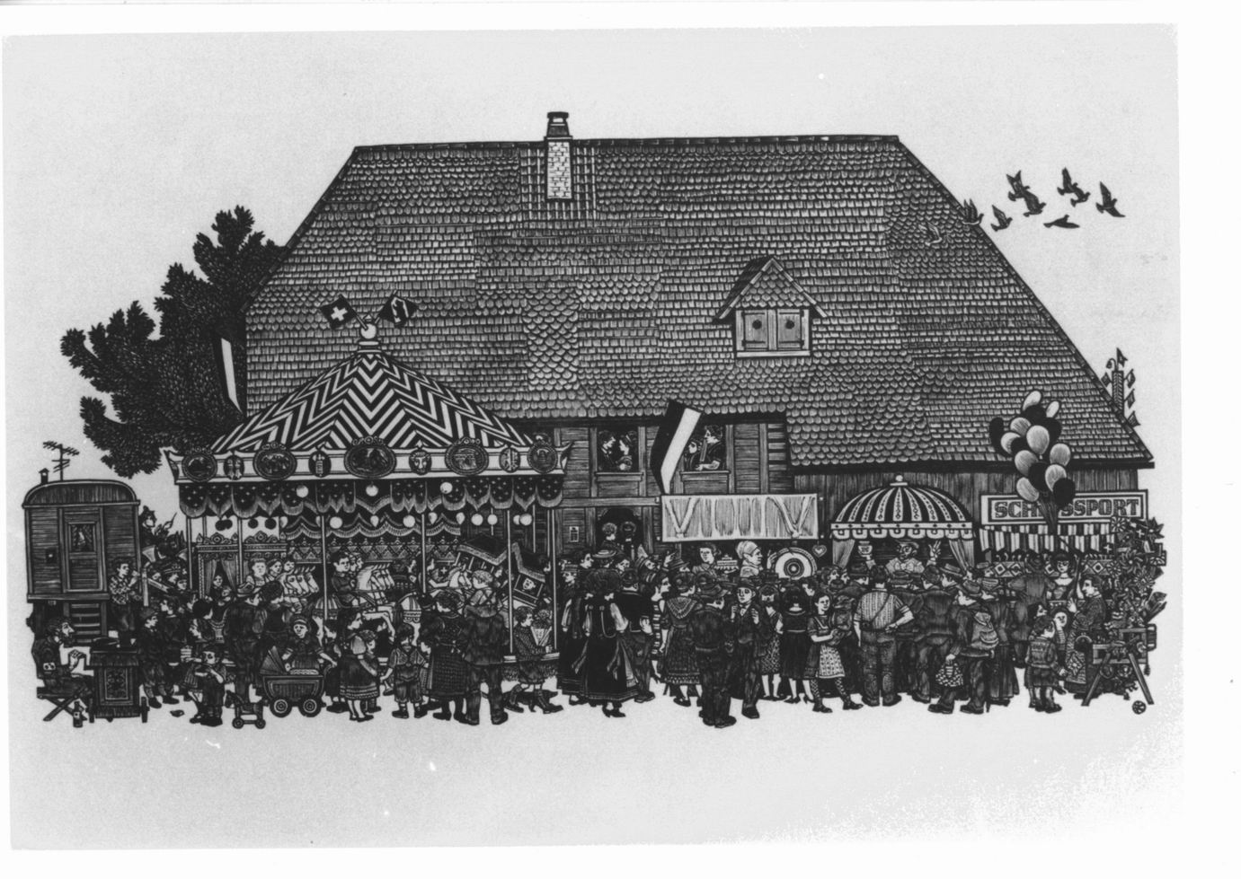 Fiera paesana, Folla di persone su sfondo di grande casa (stampa) di Zbinden Emil (sec. XX)