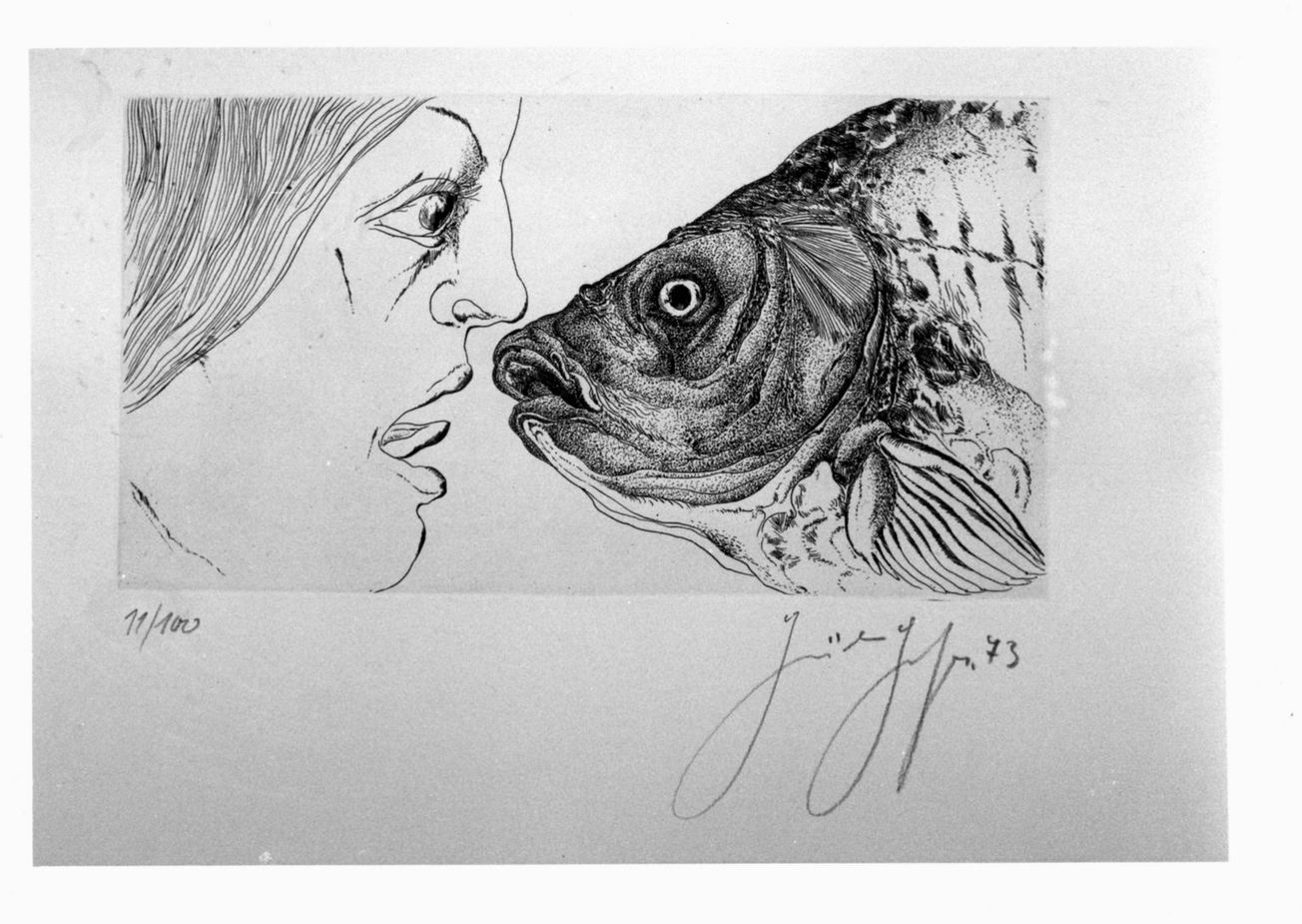 profilo femminile e pesce (stampa) di Grass Günter (sec. XX)
