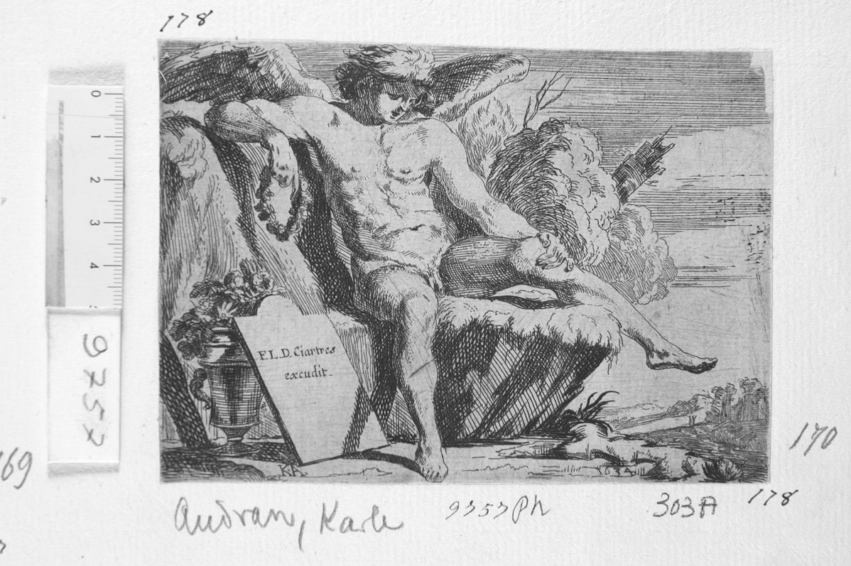 Le quattro stagioni, accademia di uomini: frontespizio (stampa) di Audran Charles (sec. XVII)