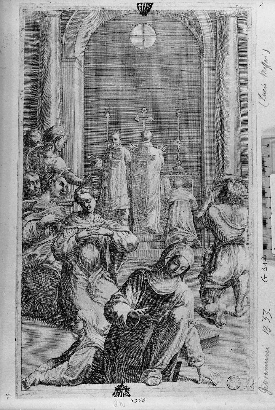 Le suore morte escono dalla tomba durante la messa di S. Benedetto, storie della vita di San Benedetto (stampa tagliata) di Giovannini Giacomo (secc. XVII/ XVIII)