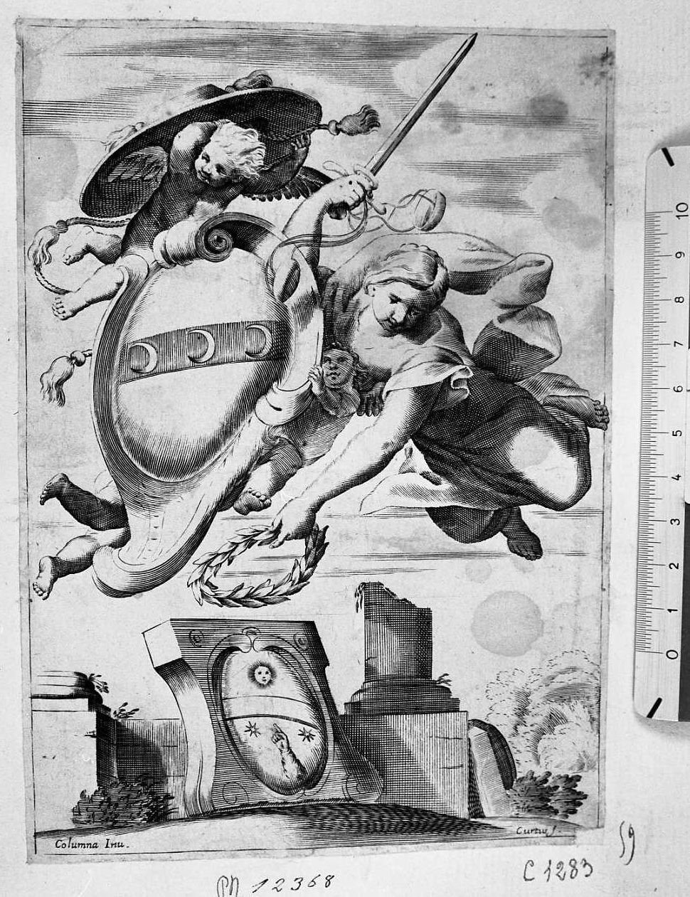 Stemma cardinalizio retto da due angeli, architettura (stampa tagliata) di Curti Bernardino (sec. XVII)