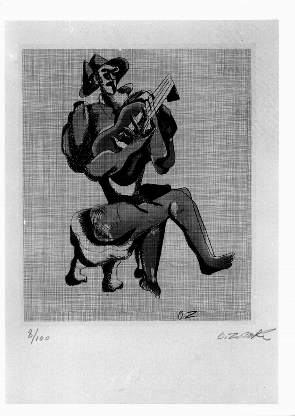 le guitariste, figura maschile seduta con chitarra (stampa a colori) di Zadkine Ossip (sec. XX)