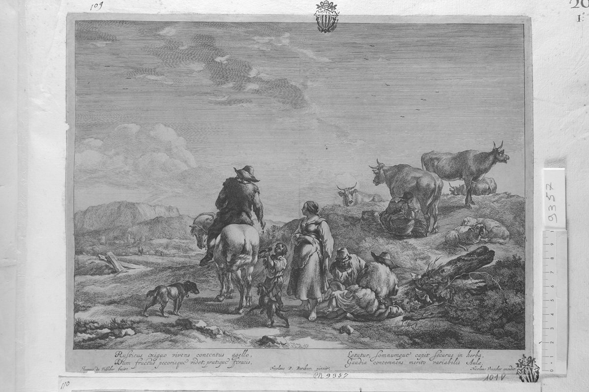 Paesaggio con uomo a cavallo, vacche, pastori e pastorelle (stampa) di De Visscher Jan, Berchem Nicolaes (sec. XVII)