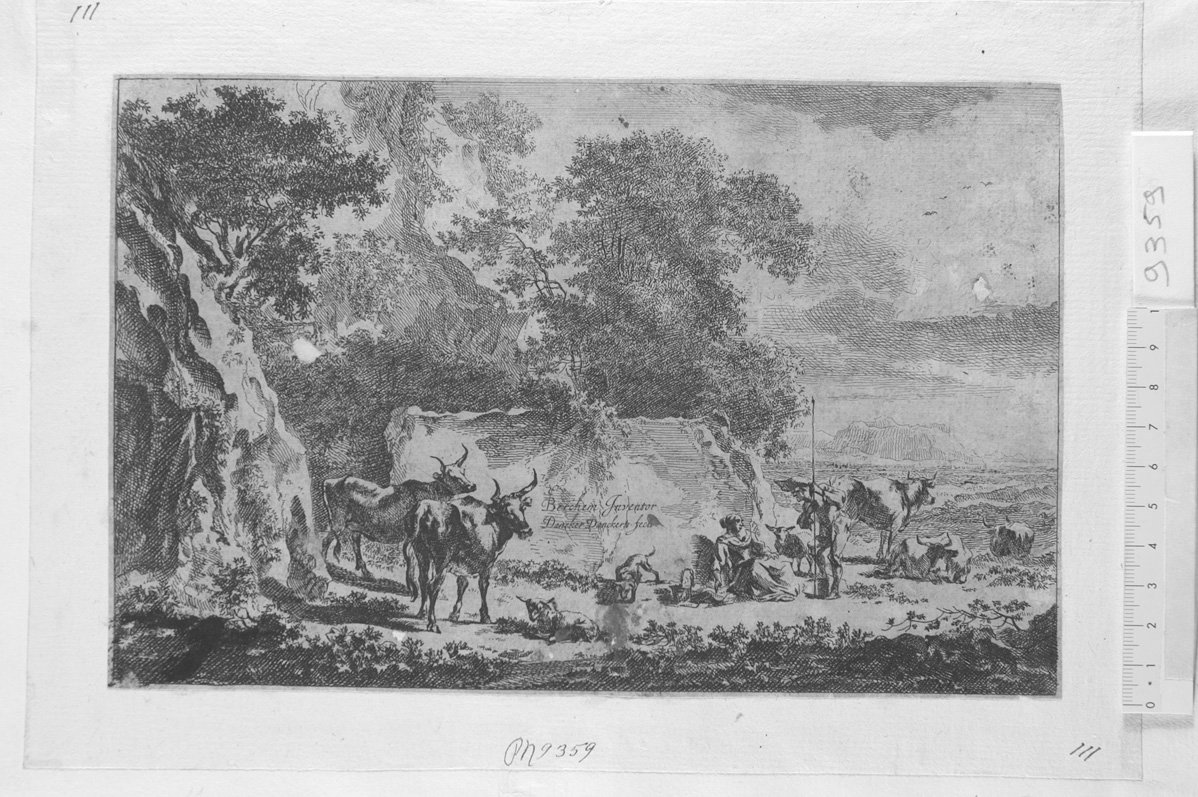 Paesaggio con vacche e pastori (stampa) di Danckerts Dancker, Berchem Nicolaes (sec. XVII)