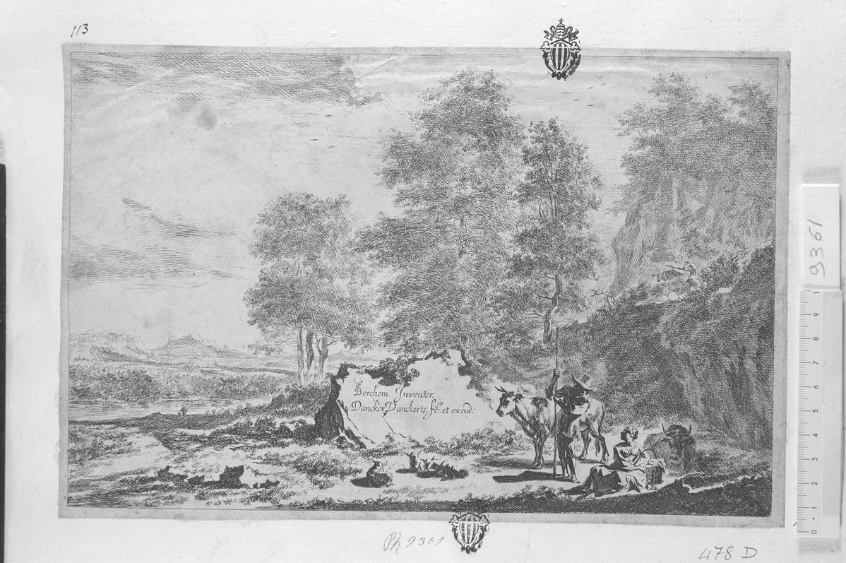 Paesaggio con macigno e uomo con bastone (stampa) di Danckerts Dancker, Berchem Nicolaes (sec. XVII)