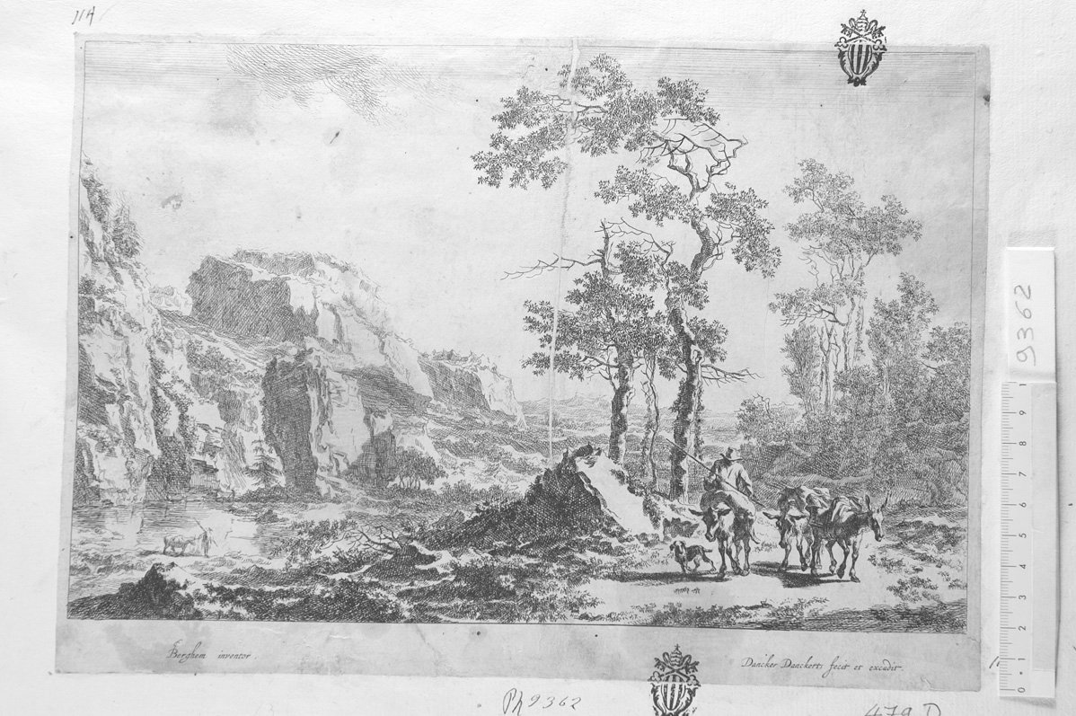 Paesaggio con uomo a cavallo, cane e due cavalli (stampa) di Danckerts Dancker, Berchem Nicolaes (sec. XVII)